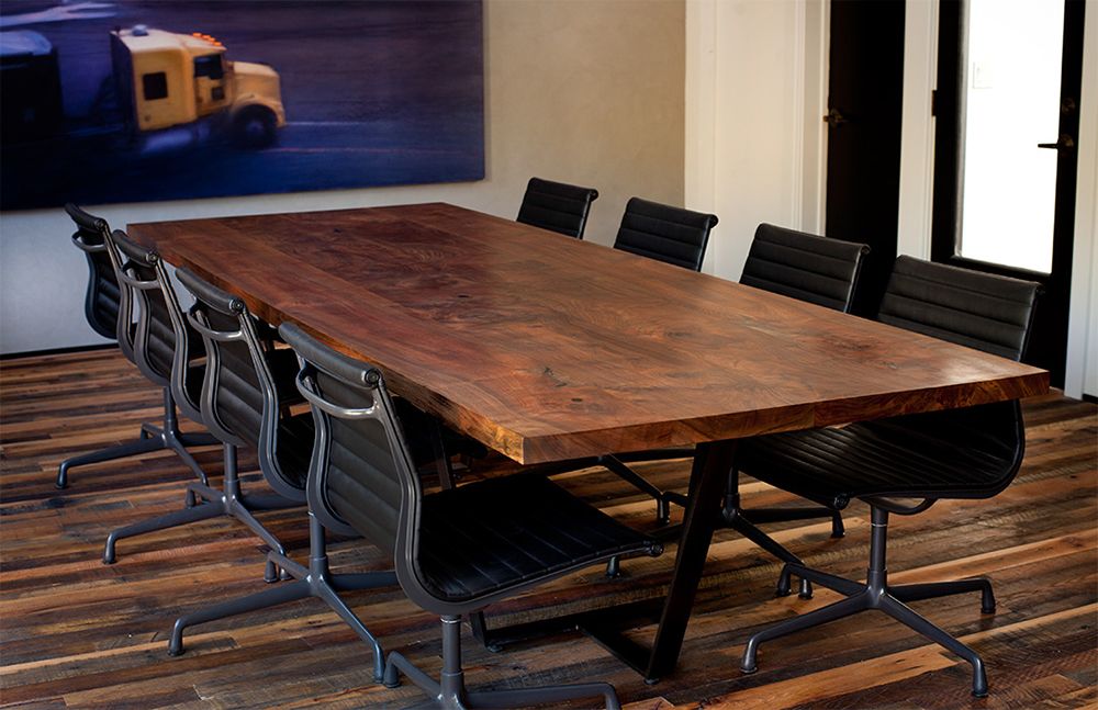 Reclaimed walnut conference table with steel base