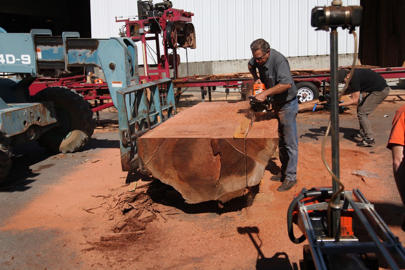Milling a reclaimed slab at the Original Timber workshop
