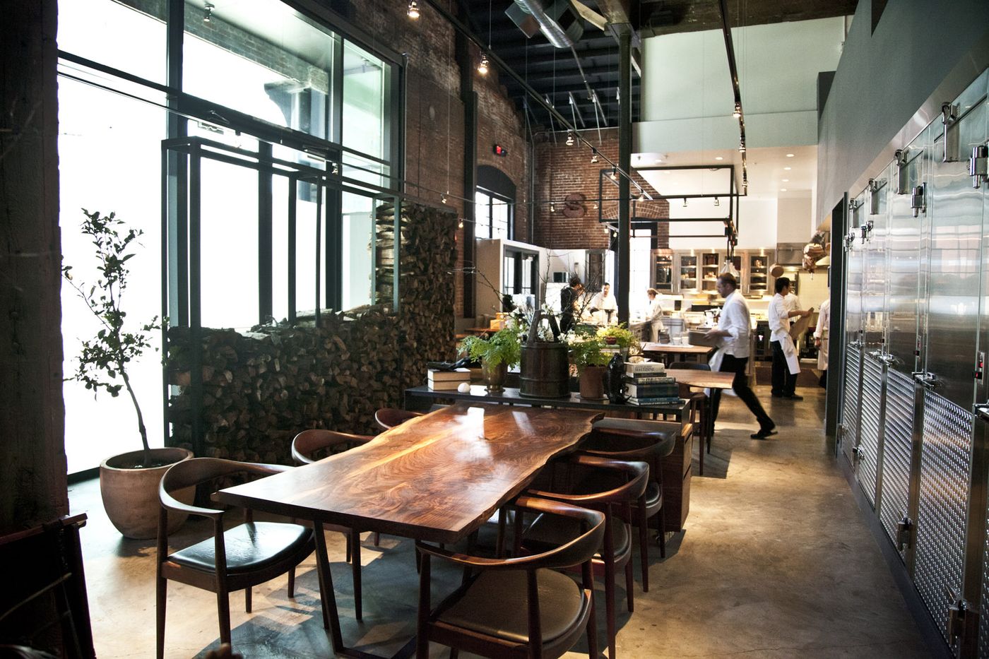Reclaimed wood dining tables at Saison restaurant, San Francisco