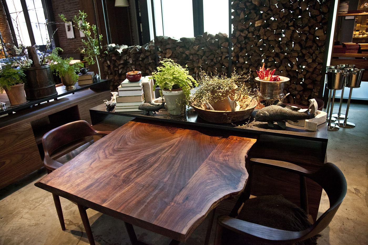 Live edge slab table at Saison