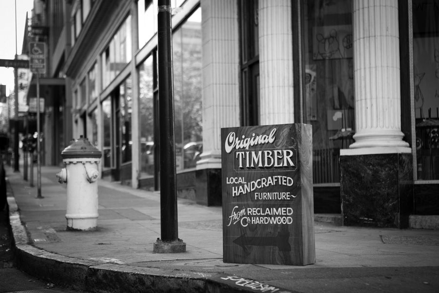 Original Timber Co. sidewalk sign outside the San Francisco studio